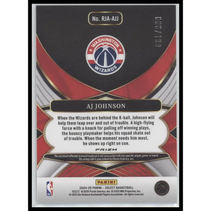 AJ Johnson 2024-25 Panini Select #RJA-AJJ Rookie Jersey Autographs #/199 - Trading Card