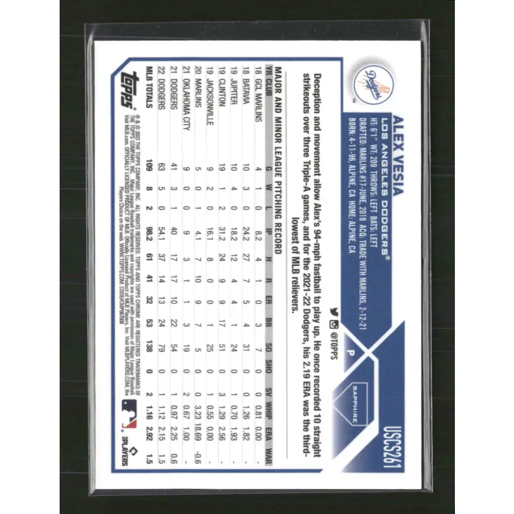 Alex Vesia 2023 Topps Chrome Update Sapphire Edition #USCS261 Black - Trading Card