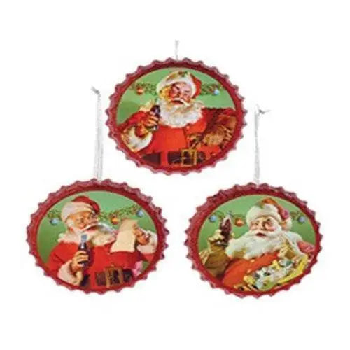 Kurt Adler - Coca Cola Ornament - Choose your Style - Santa Bottle Cap 4.25 Inch - Set of 3 - Toys & Games