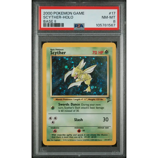Scyther-Holo 2000 Pokemon Game Base Ii #17 Base Ii PSA 8 - Graded Trading Card