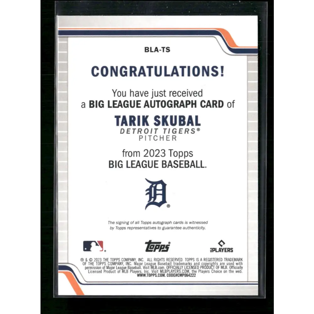 Tarik Skubal 2023 Topps Big League #BLA-TS Big League Blue Foil Autographs - Trading Card
