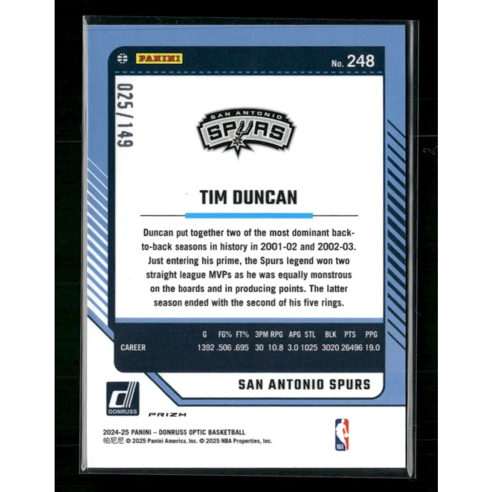 Tim Duncan 2024-25 Donruss Optic #248 Red Seismic #/149 - Trading Card