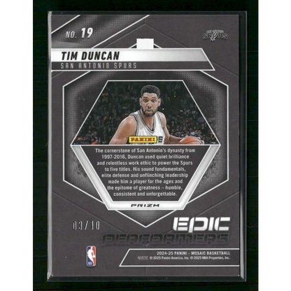 Tim Duncan 2024-25 Panini Mosaic #19 Epic Performers Mosaic Pink #/10 - Trading Card