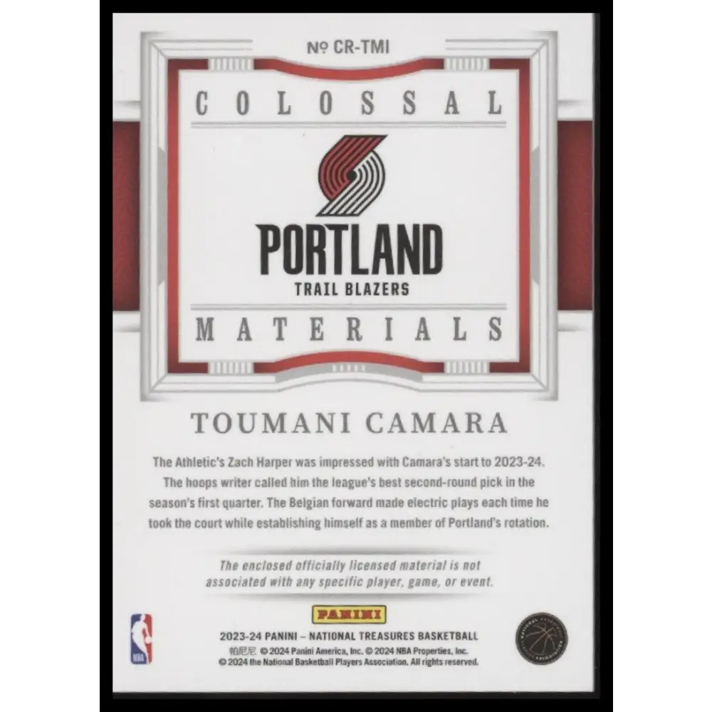 Toumani Camara 2023-24 Panini National Treasures Colossal Rookie Materials #/25