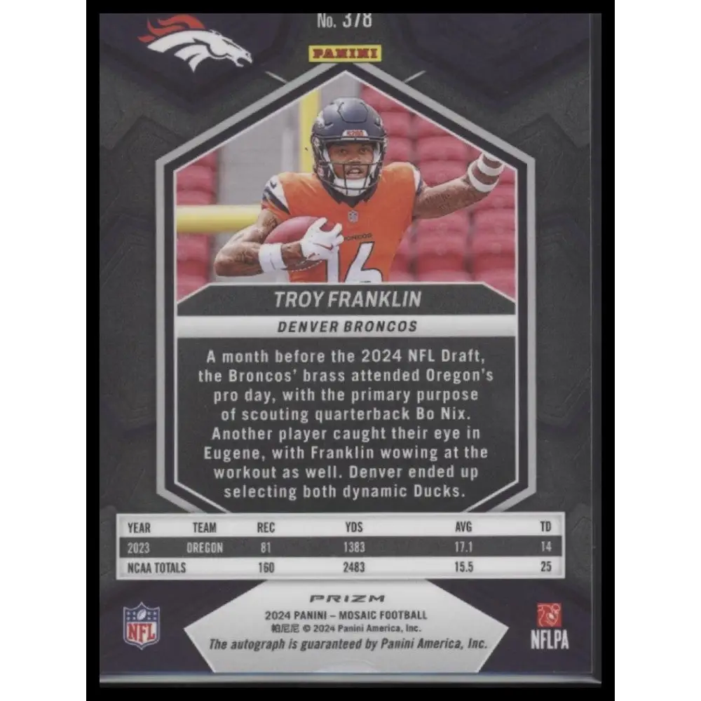 Troy Franklin 2024 Panini Mosaic #378 White Sparkle