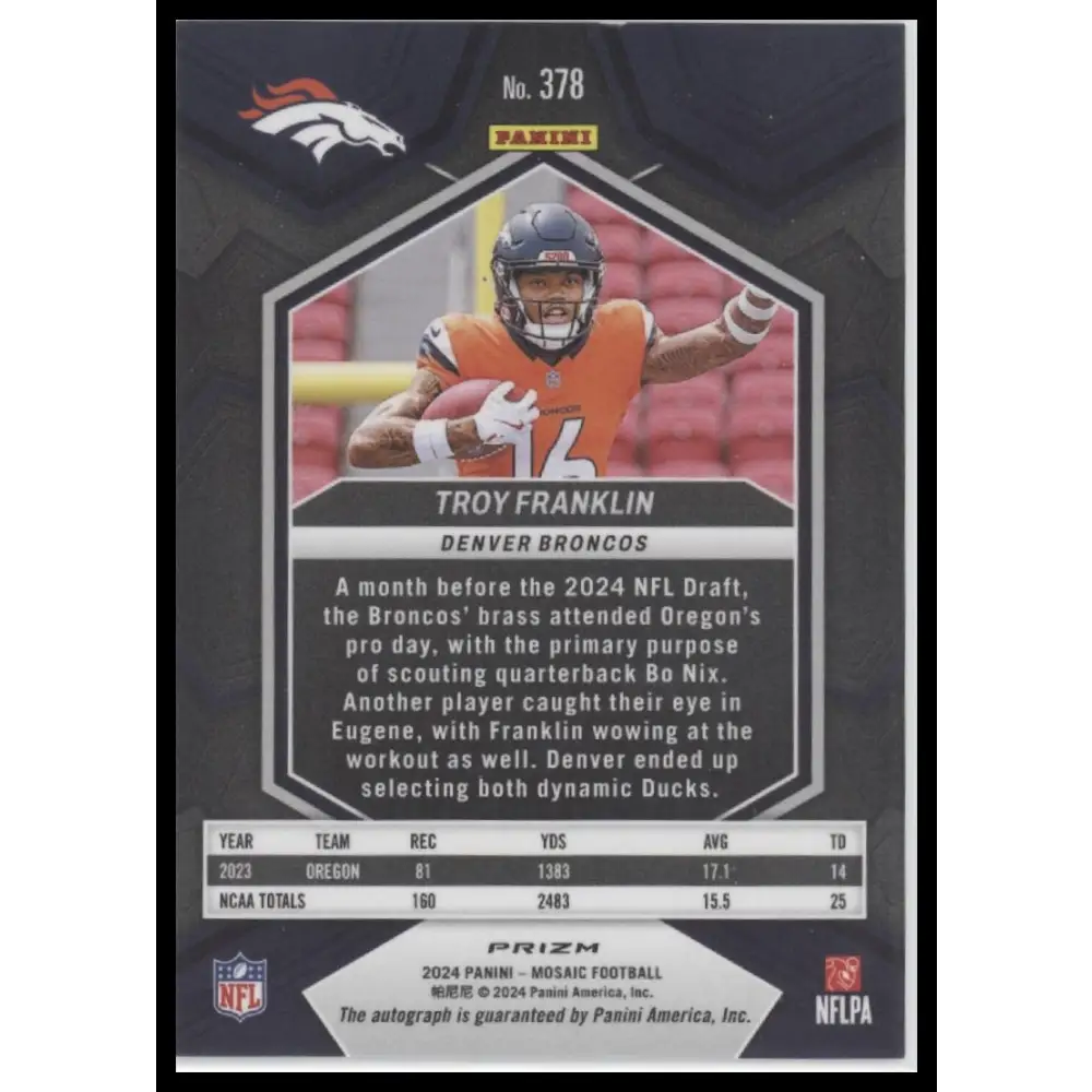 Troy Franklin 2024 Panini Mosaic #378 White Sparkle - Trading Card