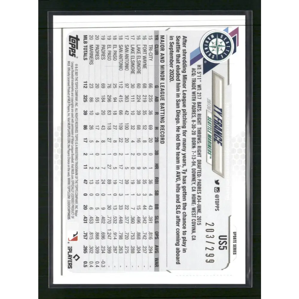 Ty France 2021 Topps Update #US5 Orange Foilboard #/299 - Trading Card