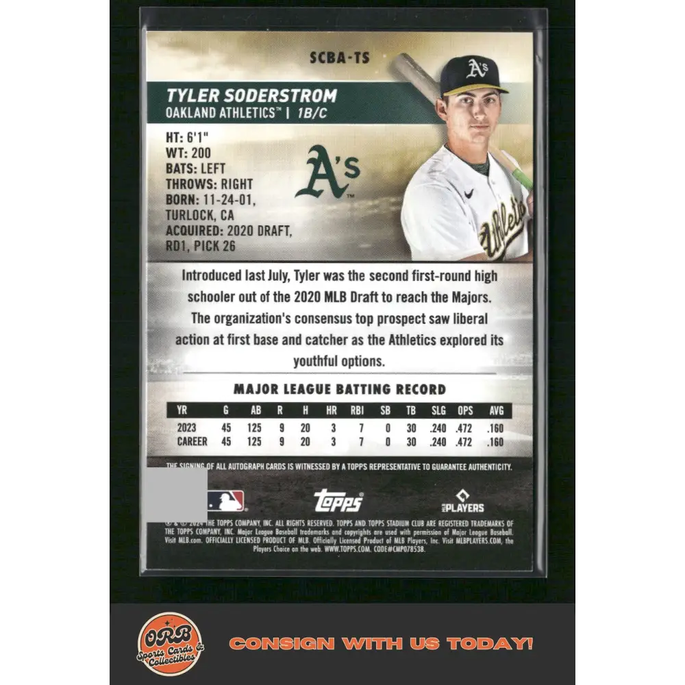 Tyler Soderstrom 2024 Stadium Club #SCBA-TS Autographs - Trading Card