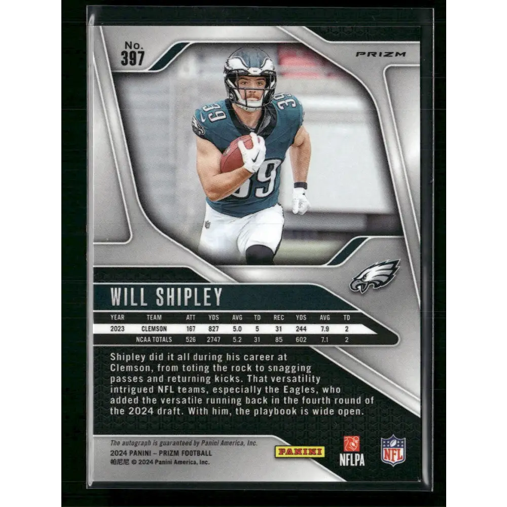 Will Shipley 2024 Panini Prizm #397 Rookie Autographs Silver Prizm - Trading Card