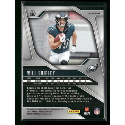 Will Shipley 2024 Panini Prizm #397 Rookie Autographs Silver Prizm - Trading Card