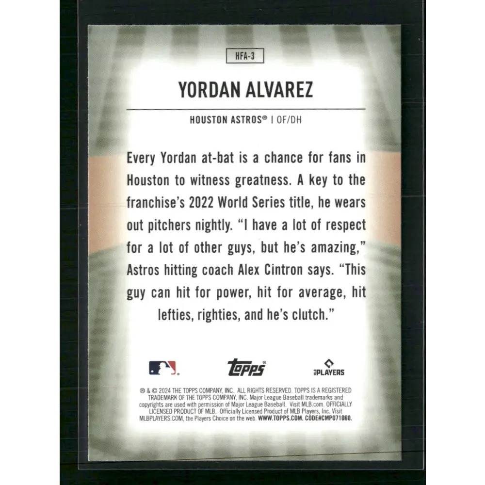 Yordan Alvarez 2024 Topps #HFA-3 Home Field Advantage - Trading Card